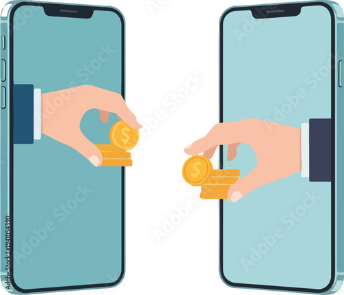 Digital mobile payment transaction concept hands exchanging stacked golden coins through glowing smartphone screens, flat vector art representing contactless money transfer and fintech.