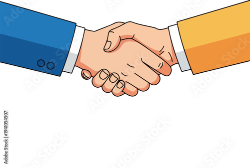 Businessmen's hands clasped in a firm handshake, symbolizing agreement, partnership, and success in a modern, clean, flat graphic style with vibrant colors on a white background.