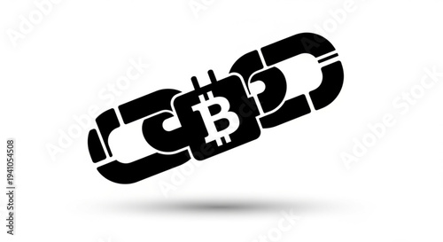 A black and white vector illustration depicts a futuristic Bitcoin chain link with abstract technology icons on a white background