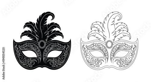 Two ornate venetian masks with feather details in black and white