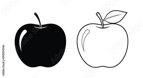 Two apples depicted in contrasting black and white line art styles