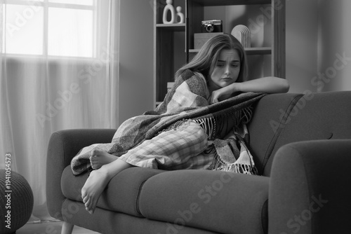 Sad young woman with plaid ...