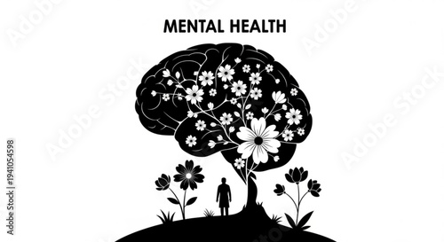 A person standing alone on a hill contemplating mental health surrounded by flowers and a tree with a brain-shaped canopy viewed from the side