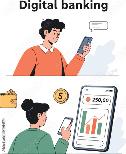 Diverse individuals engage in modern digital banking via smartphones, managing finances with online apps, cashless transactions, and investment charts in a clean, minimalist flat art style.