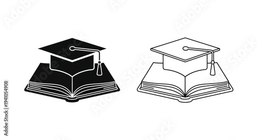 Graduation cap resting on an open book presented in two styles