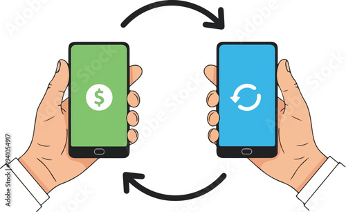 Seamless digital transaction Hands exchange smartphones showing dollar symbol and loading icon, representing mobile money transfer and contactless payment in a clean vector graphic style.