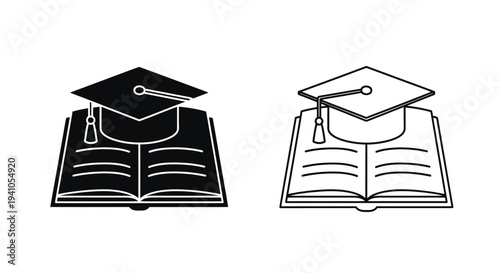 Graduation cap atop an open book depicted in black and white outlines