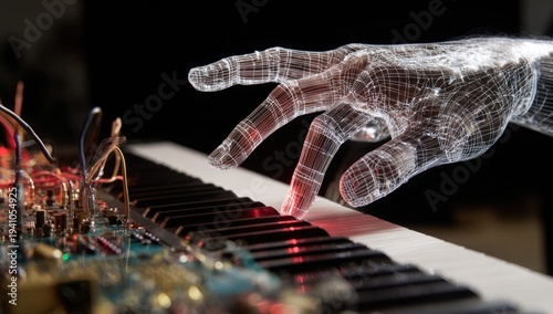 Holographic hand plays illuminated piano keys with electronic circuits