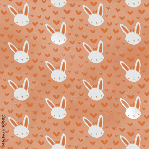 Cute Orange Seamless Pattern with Bunny Heads and Hearts