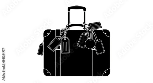 A sleek black suitcase with tags and handle, standing alone on a plain background, viewed from the front.