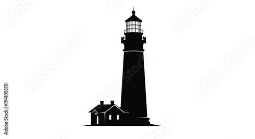 A stark black silhouette of a lighthouse and keeper s cottage
