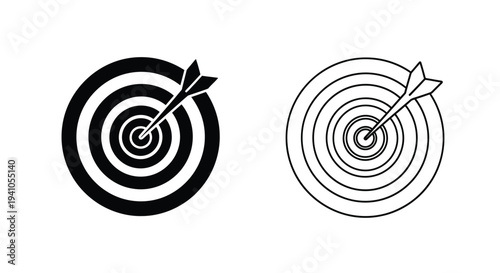 Two dartboards one filled and one outlined both with a dart in the bullseye