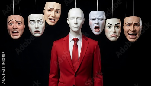 Mannequin in red suit with tie. Hanging masks of different emotions, representing expression, role play, and personality, against dark background, created with generative ai