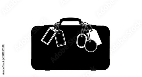 A black briefcase with keys and tags attached, viewed from the front on a white background
