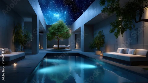 Luxurious indoor pool area with starry night sky and modern design elements