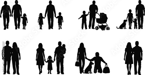 Family silhouettes collection parents children walking with stroller dog and baby happy family lifestyle people vector illustration isolated