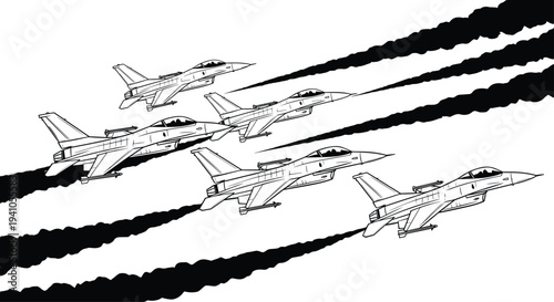 Fighter jet aircraft formation flying with smoke trails military aviation squadron flight combat airplane vector illustration isolated design