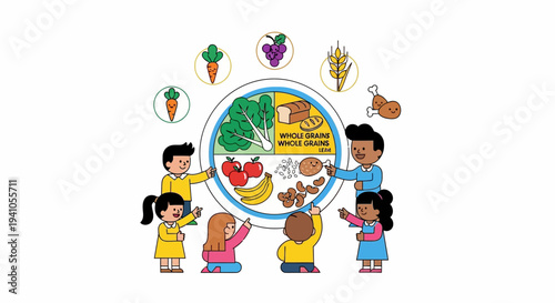 Illustration of diverse children surrounding a colorful plate of nutritious food for National Nutrition Month awareness campaign with healthy eating icons.