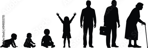 Human life cycle silhouettes showing baby toddler child growth adulthood aging senior stages evolution of life isolated vector concept illustration