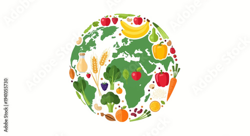 Vector illustration of a globe composed of various fruits and vegetables on a white background, symbolizing healthy eating awareness and nutrition for National Nutrition Month.