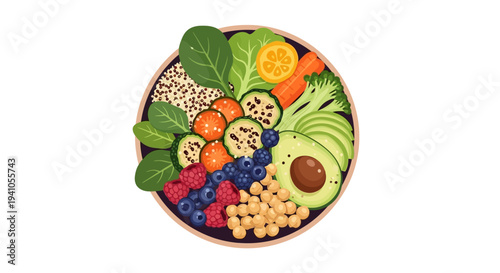 Vector illustration of a colorful plate filled with various fruits, vegetables, and nutritious food for a healthy eating awareness campaign or National Nutrition Month event