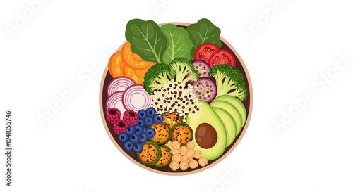 Vector illustration of a colorful plate filled with various fruits and vegetables for healthy eating awareness on National Nutrition Month.