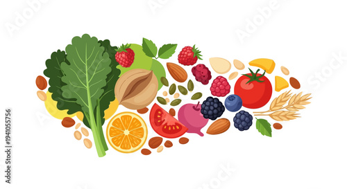 Vector illustration of a colorful arrangement of fruits, vegetables, and nuts for healthy eating awareness and nutrition on a white background.