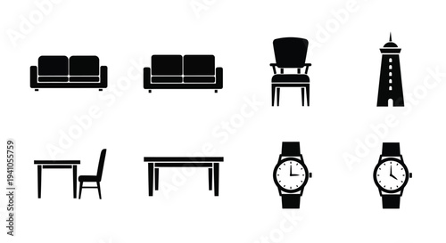 Black and white silhouettes of furniture a lighthouse and timepieces