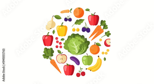 Vector illustration of a colorful arrangement of fruits and vegetables forming a circle, symbolizing healthy eating awareness for National Nutrition Month or a diet campaign with a focus on