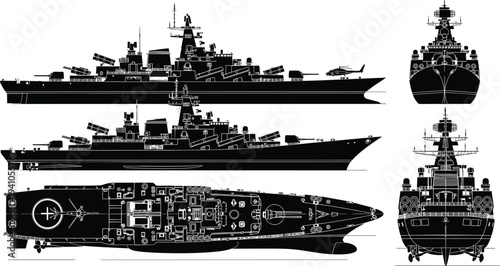 Modern guided missile destroyer warship blueprint set with top side front rear views detailed naval military vessel vector illustration