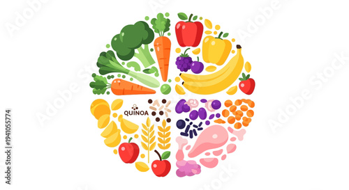 Vector illustration of a colorful food plate with various fruits, vegetables, and nutritious items for healthy eating awareness on National Nutrition Month.
