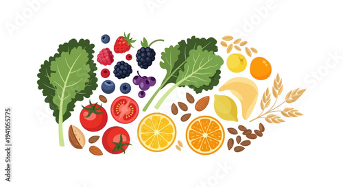 Vector illustration of a vibrant arrangement of fruits, vegetables, nuts, and grains for healthy eating awareness and nutrition campaigns on a white background.