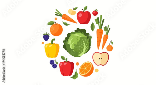 Vector illustration of a colorful arrangement of fruits and vegetables for healthy eating awareness and nutrition campaigns.