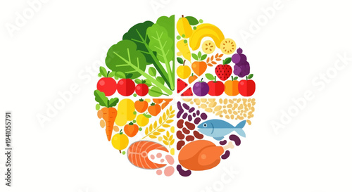 Vector illustration of a colorful food plate with various fruits, vegetables, and nutritious food groups for healthy eating awareness on National Nutrition Month.