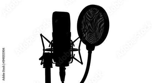 A studio microphone with a pop filter is positioned for optimal sound recording in a professional setting.