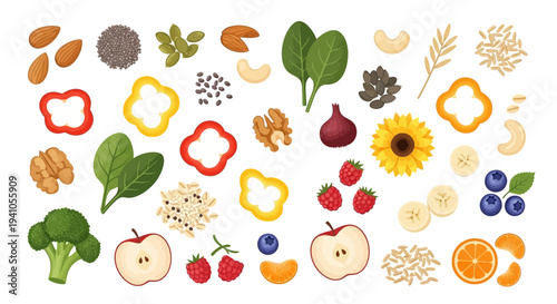 Vector illustration of various fruits, vegetables, and nuts arranged in a colorful composition against a clean white background for healthy eating awareness and nutrition campaigns.