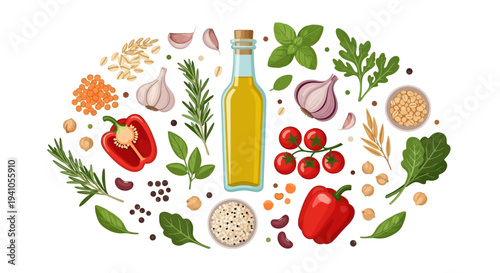 Vector illustration of a colorful arrangement of fruits, vegetables, and a bottle of oil, promoting healthy eating awareness and nutrition for a balanced diet campaign on National Nutrition