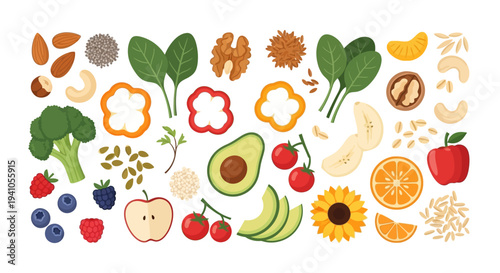 Colorful illustration of various fruits, vegetables, and nutritious foods for National Nutrition Month, promoting healthy eating awareness and diet campaign.