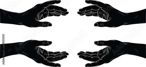 Open human hands gesture silhouettes set showing giving receiving holding support care help concept isolated black vector illustration
