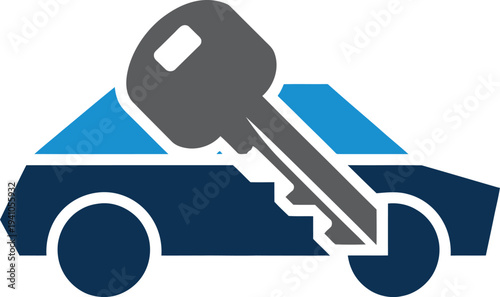 Car key icon with large gray key on vehicle  transportation symbol with blue windows