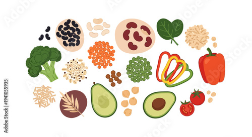 Vector illustration of various fruits and vegetables arranged in a circular pattern on a white background for healthy eating awareness and nutrition campaigns.