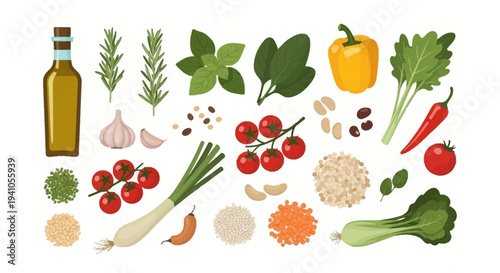 Vector illustration of various fruits and vegetables, nuts, and healthy food items arranged for a National Nutrition Month or healthy eating awareness campaign with a clean design.