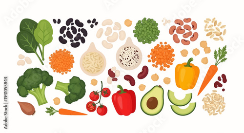 Colorful vector illustration of various fruits, vegetables, and nutritious food items for healthy eating awareness and National Nutrition Month campaigns.