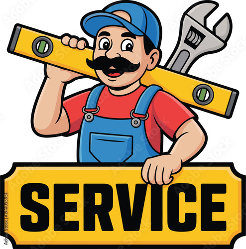 Cartoon man in overalls and cap holding service sign and tools  repairman  technician