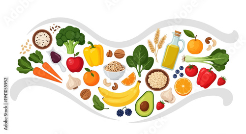 Vector illustration of a diverse array of fruits, vegetables, and nutritious foods for a National Nutrition Month campaign or healthy eating awareness event, promoting a balanced diet.