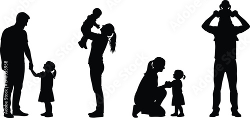 Parents and children family silhouettes showing father mother playing lifting holding kids happy parenting lifestyle vector illustration isolated