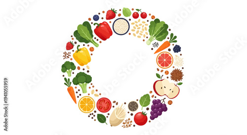 Vector illustration of a colorful circle composed of various fruits, vegetables, and nutritious food items for healthy eating awareness and National Nutrition Month campaigns.