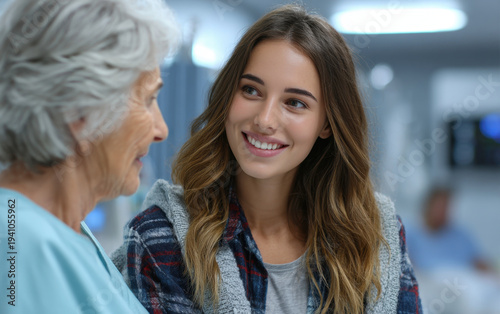 Wallpaper Mural Young woman smiling at elderly patient in hospital corridor sharing warm supportive conversation and compassion Torontodigital.ca