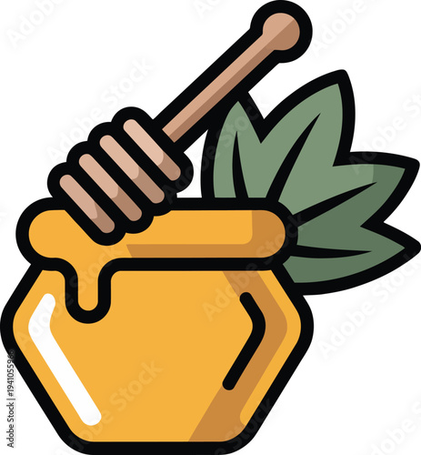 Cartoon honey pot with dipper and green leaves on white background