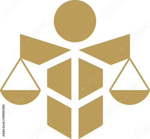 Gold justice scale logo with human figure and geometric shapes  balance symbol